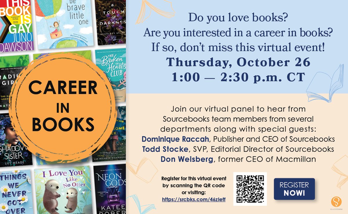 Do you love books? Are you interested in a career in books? If so, don’t miss this virtual event! 📚
Thursday, October 26
1:00 — 2:30 p.m. CT

#bookjobs #publishingjobs #publishing 
Register for this virtual event by scanning the QR code or visiting:
srcbks.com/46zIetf