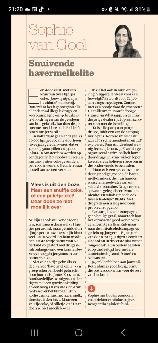 Geweldige column van @SophievanGool . Lekker snuiven en zo bijdragen aan moord en doodslag, maar wel grote mond over klimaat en hoe anderen moeten leven, de snuivende havermelkelite .