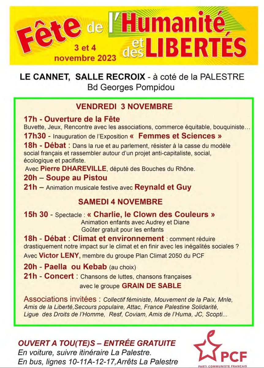 CannesPcf06's tweet image. Bientôt la Fête de l&apos;Humanité et des Libertés au #cannet. Le rendez-vous annuel de la gauche et des progressistes du bassin cannois en présence de @pdharreville député. Entrée gratuite #Cannes #PCF