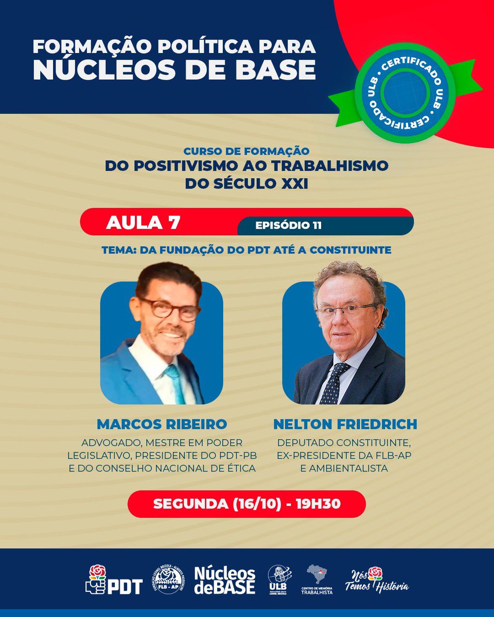 nucleosdebase's tweet photo. 💣 A formação para Núcleos de Base continua, hoje, às 19h30, será a 7ª aula com a participação do ambientalista Nelton Friedrich, ex-presidente da FLB-AP, ex-dep. federal e constituinte; Marcos Ribeiro, advogado do PDT e presidente do Conselho Nacional de Ética e  do PDT-PB https://t.co/b4NAYm0ElL