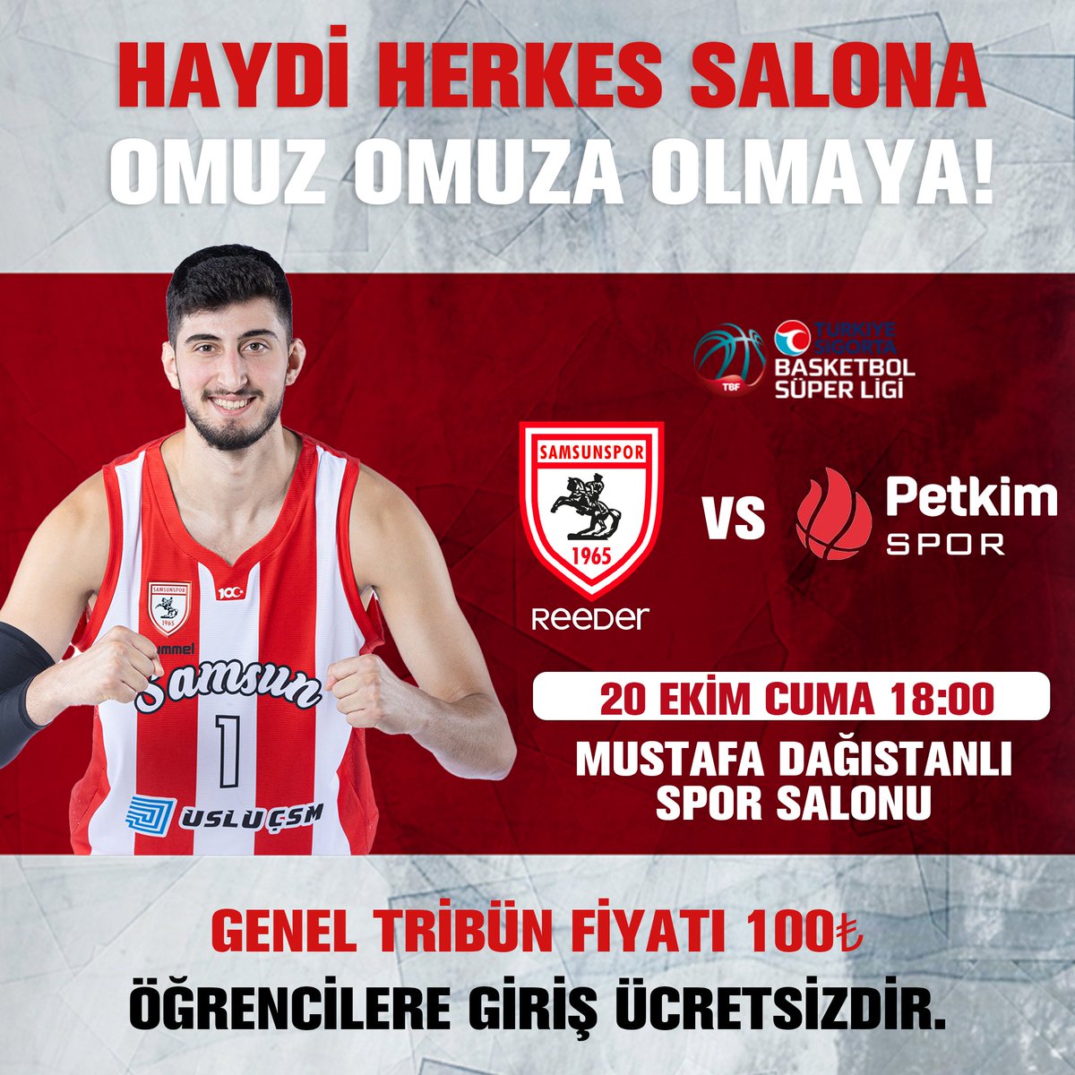 HAYDİ HERKES SALONA, #OMUZOMUZA OLMAYA! 

Takımımız, Türkiye Sigorta Basketbol Süper Ligi'nin 4. haftasında <a href="/Petkimspor/">Aliağa Petkimspor</a> 'u konuk ediyor. Karşılaşma Cuma günü saat 18:00'da Mustafa Dağıstanlı Spor Salonunda oynanacak.

ℹ️ Genel Tribün 100₺, öğrencilere ise giriş ücretsizdir.
