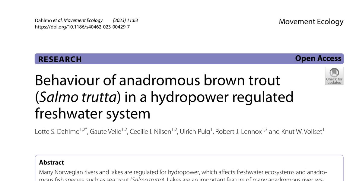 Lotte Dahlmo (@lottesdahlmo) on Twitter photo My very first first-author paper is out where we studied habitat use and effect of a high-head hydropower storage plant on the behaviour of anadromous brown trout during spawning migration using acoustic telemetry💥🐟1/3.
doi.org/10.1186/s40462…
<a href="/BergenTelemetry/">Bergen Telemetry Network</a> #NFR_LaKES My very first first-author paper is out where we studied habitat use and effect of a high-head hydropower storage plant on the behaviour of anadromous brown trout during spawning migration using acoustic telemetry💥🐟1/3.
doi.org/10.1186/s40462…
<a href="/BergenTelemetry/">Bergen Telemetry Network</a> #NFR_LaKES