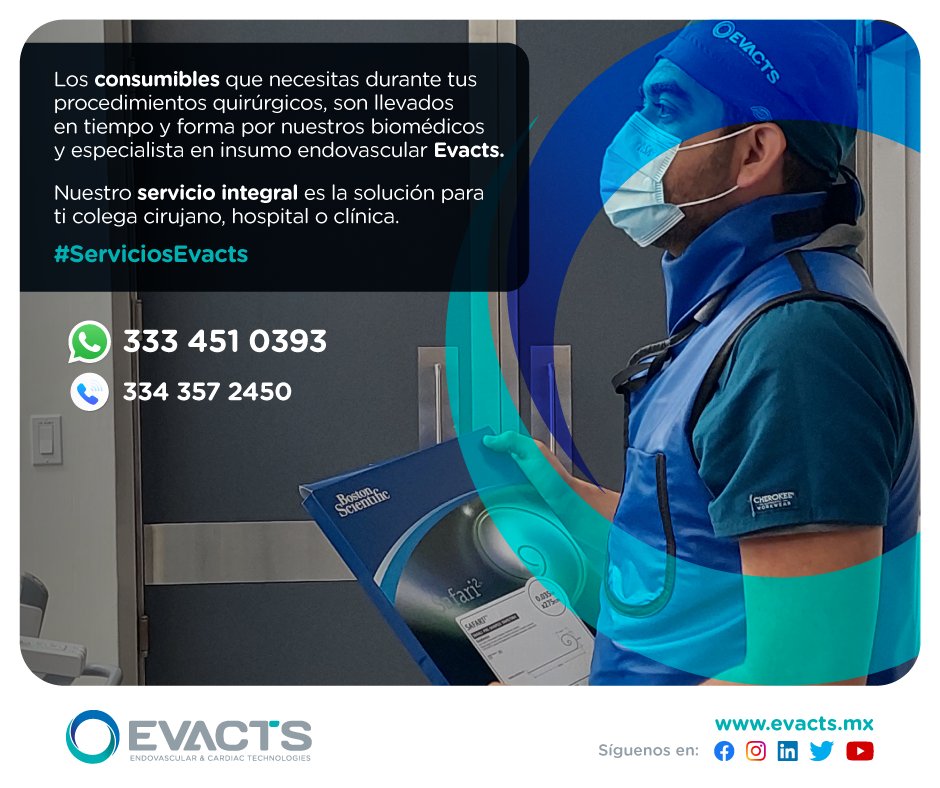 Evacts_mx's tweet photo. #ServiciosEvacts
Los consumibles que necesitas durante tus procedimientos quirúrgicos, son llevados en tiempo y forma por nuestros biomédicos y especialista en insumo endovascular #Evacts.
Nuestro servicio integral es la solución para ti colega #cirujano, #hospital o #clínica. https://t.co/ajK4cHSSIS