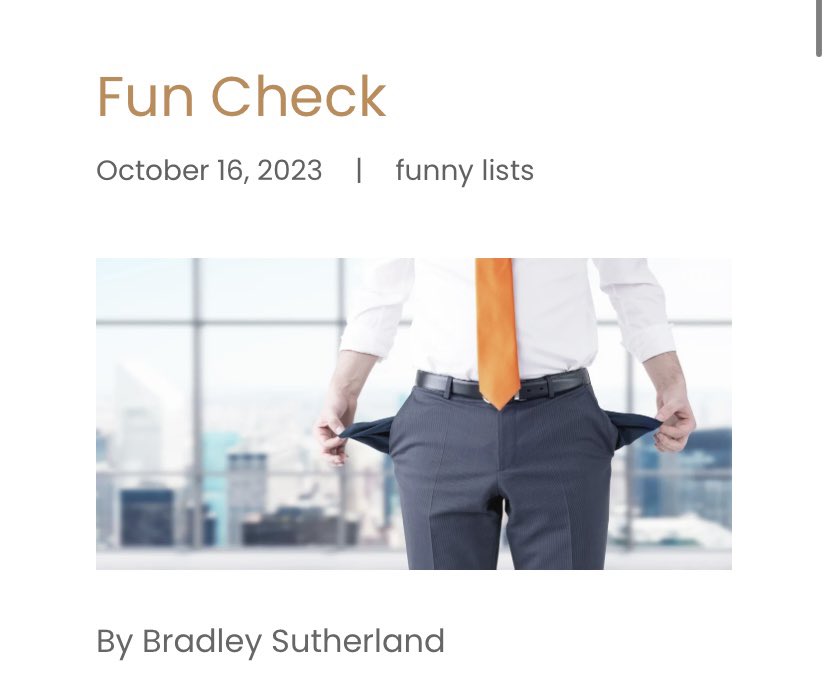 R_Ujoking's tweet photo. Waiting on your next paycheck? The go check out Bradley Sutherland’s relatable and hilarious “Fun Check” list. Go give it a read!
#writingcomedy #funnylists
https://t.co/Y65FIJFBOE https://t.co/reJc8qivbR