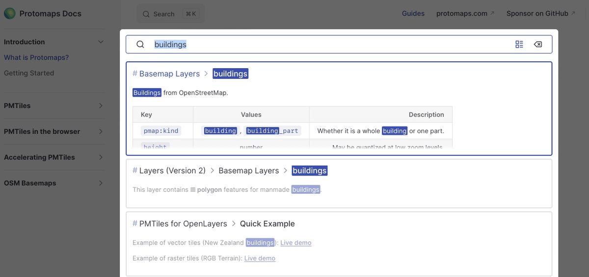 Launch week!

The <a href="/protomaps/">Protomaps https://bsky.app/profile/protomaps.com</a> technical documentation has a new site, with a new tutorial, interactive maps, and client-side search:

docs.protomaps.com

and it's now open source on GitHub!

github.com/protomaps/docs