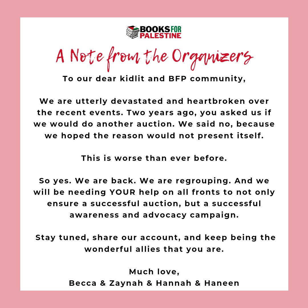 A message to the kidlit community! Please stay tuned, share our account here and on Instagram (@ books_palestine) and keep being the wonderful allies that you are.

#BooksForPalestine #IStandWithPalestine