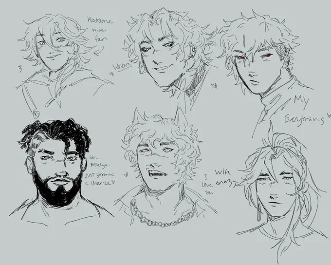 i absolutely cannot draw rn but I need to at least draw them all ONCE so i can continue to develop the way I draw them. First round drawings of the Heartsteel boys.. my hand hurts.