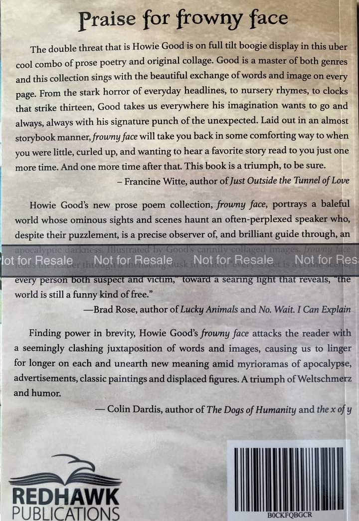 Happy to have been able to provide a quote for 'frowny face' by Howie Good, forthcoming from Redhawk Publications. All royalties will go towards cancer research. Look out for it soon.