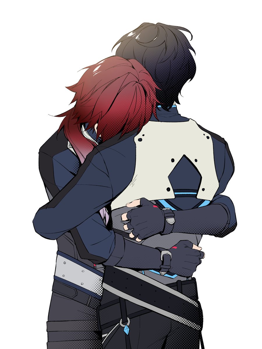 diluc (genshin impact) 2boys multiple boys male focus red hair hug gloves white background  illustration images