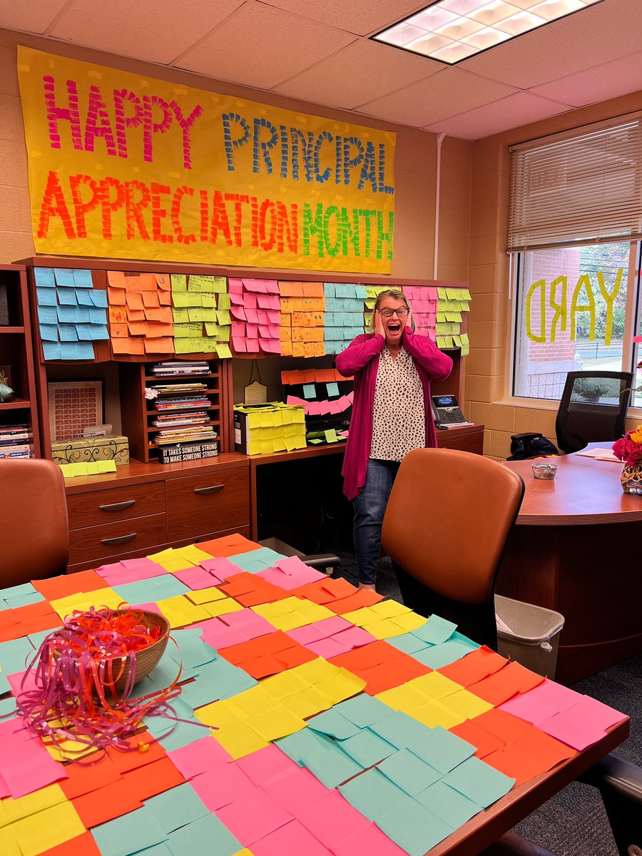 allieedwardsAP's tweet photo. Students and staff turned the boss's office into a post-it paradise for #BossesDay and #principalmonth ! Sticky notes and smiles all around for Principal Appleyard! #OfficeFun #pitnerpride https://t.co/lQgJNDz85V