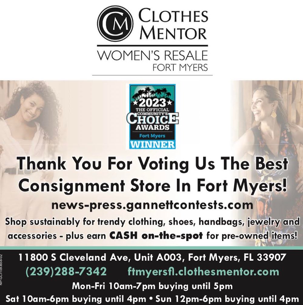 Congrats to Clothes Mentor Ft Myers for being voted best consignment store in Fort Myers!

Shop their site today:
ftmyersfl.clothesmentor.com

news-press.gannettcontests.com/2023-Best-of-t…