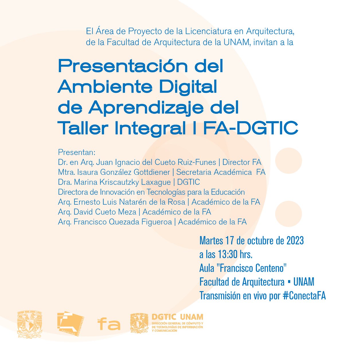 diteunam's tweet photo. Cordiales saludos comunidad. @faunam_mx y la DGTIC tienen el agrado de invitarles. Si no pueden asistir, pueden seguir la transmisión en vivo por #ConectaFA https://t.co/6Q1GALh5uE ¡Les esperamos! https://t.co/OZSjvuXF1Y