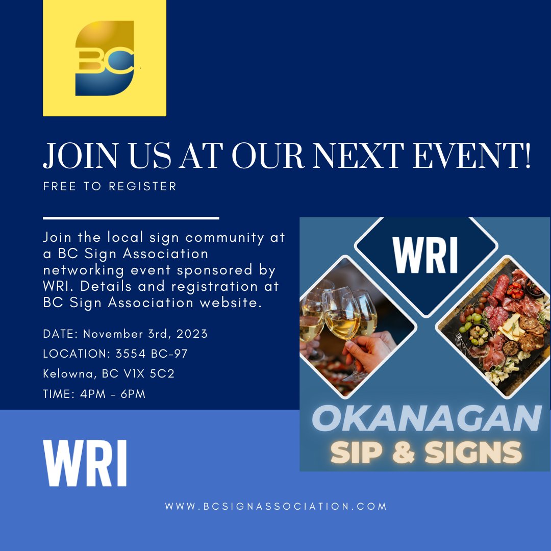 BC_Sign's tweet image. Register now for our Okanagan Sip &amp;amp; Sign Event! 

Join signage masters in the Okanagan and Thompson regions for a mind-blowing networking gathering on Nov 3rd in Kelowna, BC. Network, sip drinks, and build connections with industry experts from 4-6 PM. 

Don't miss out!