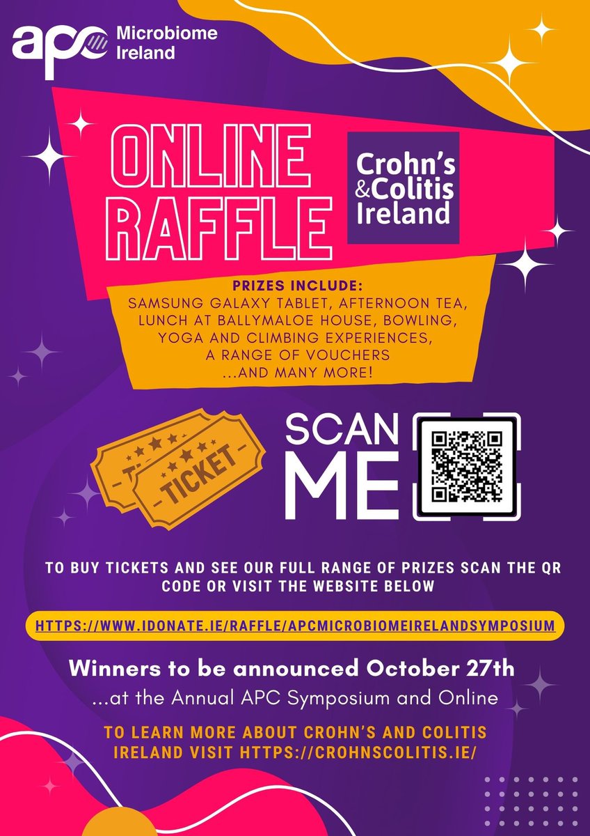 The APC Postgrad Association are running a raffle in aid of Crohn’s and Colitis Ireland! To buy tickets to donate to this amazing cause, and to see our full list of prizes visit idonate.ie/raffle/APCMicr… <a href="/Pharmabiotic/">APC Microbiome Ireland</a> @IBDireland