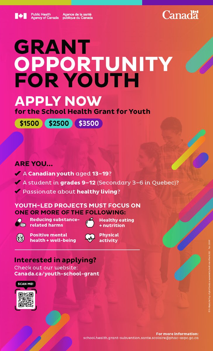 The School Health Grant for Youth provides Canadian youth, ages 13 to 19 and enrolled in grades 9 to 12 or Secondary 3 to 6 in Quebec, the opportunity to apply to 1 of 3 levels of grant funding ($1500, $2500, $3500). 

MORE | canada.ca/en/public-heal… 

<a href="/APEQonline/">Association of Physical Educators of Quebec</a>