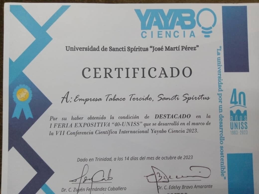 Odelbis2's tweet photo. Otorga la Universidad de SS Condición de DESTACADO a la #ETTSS en la I Feria Expositiva desarrollada en el marco de la VII Conferencia Científica Internacional Yayabo Ciencia 2023.#SanctiSpíritusEnMarcha @DeivyPrezMartn1 @Yuleisy28822351 @GrupoTabacuba @TabacoTorcidoSS https://t.co/ks10NAxws4