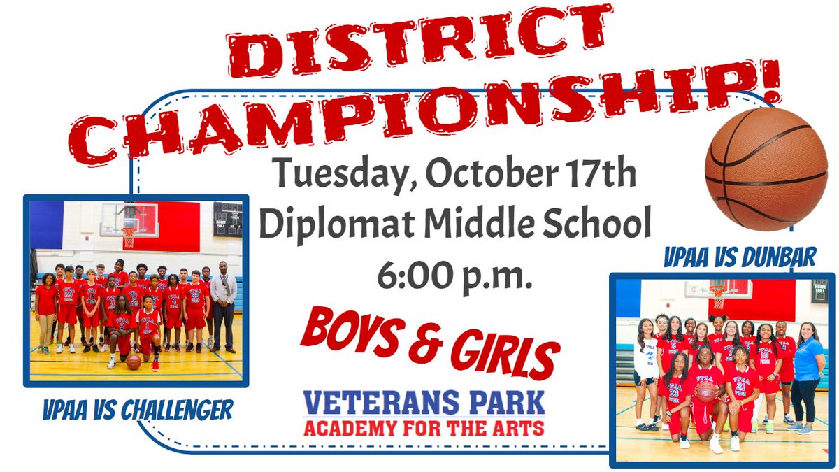 VPAA_PRIDE's tweet photo. BOTH of our teams are headed to the DISTRICT CHAMPIONSHIP GAMES! Join us at Diplomat Middle School this Tuesday to cheer them on! https://t.co/n5yo5v3Vbv
