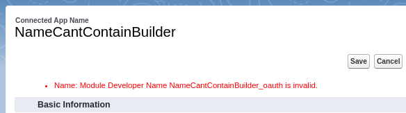 CGaryDesigns's tweet photo. @SalesforceDevs  - why can't I create a Connected App with the word 'Builder' in it? Don't believe me? #TryIt #WannaCry #RottenEasterEgg https://t.co/1lGsc7CdWK