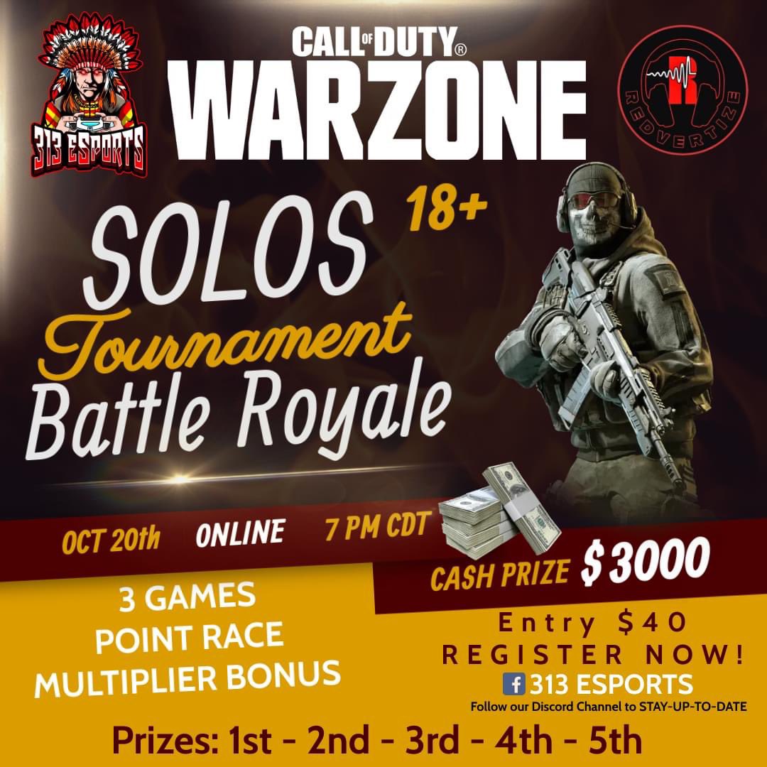 Redvertize's tweet image. Are you a warzone champion? 
Or the best gamer put this tournament victory on your gaming resume
Follow and like 313 Esport on Facebook or text/call Redvertize at 431 354 8718 for more information and registration!