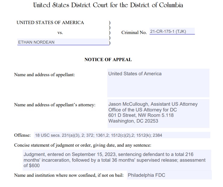 The Justice Dept had sought longer prison sentences than those issued by the judge Here's the notice of appeal ====>