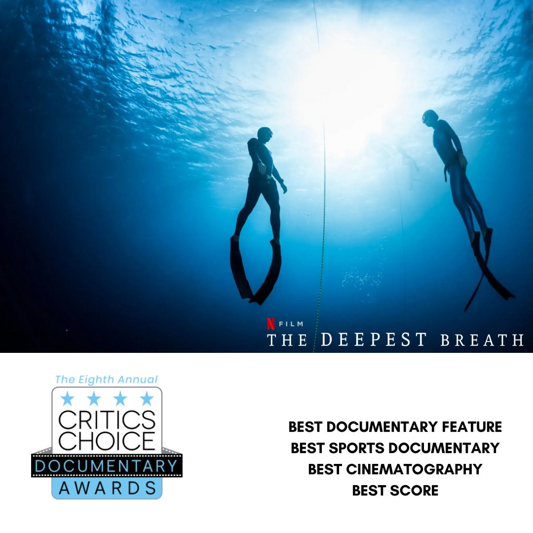 Ventureland (@venture_land) on Twitter photo We're so proud of The Deepest Breath and its four <a href="/CriticsChoice/">Critics Choice Awards</a> Doc Award noms:
BEST DOCUMENTARY FEATURE
BEST SPORTS DOCUMENTARY
BEST CINEMATOGRAPHY - Tim Cragg
BEST SCORE - <a href="/nainitadesai/">Nainita Desai</a> We're so proud of The Deepest Breath and its four <a href="/CriticsChoice/">Critics Choice Awards</a> Doc Award noms:
BEST DOCUMENTARY FEATURE
BEST SPORTS DOCUMENTARY
BEST CINEMATOGRAPHY - Tim Cragg
BEST SCORE - <a href="/nainitadesai/">Nainita Desai</a>