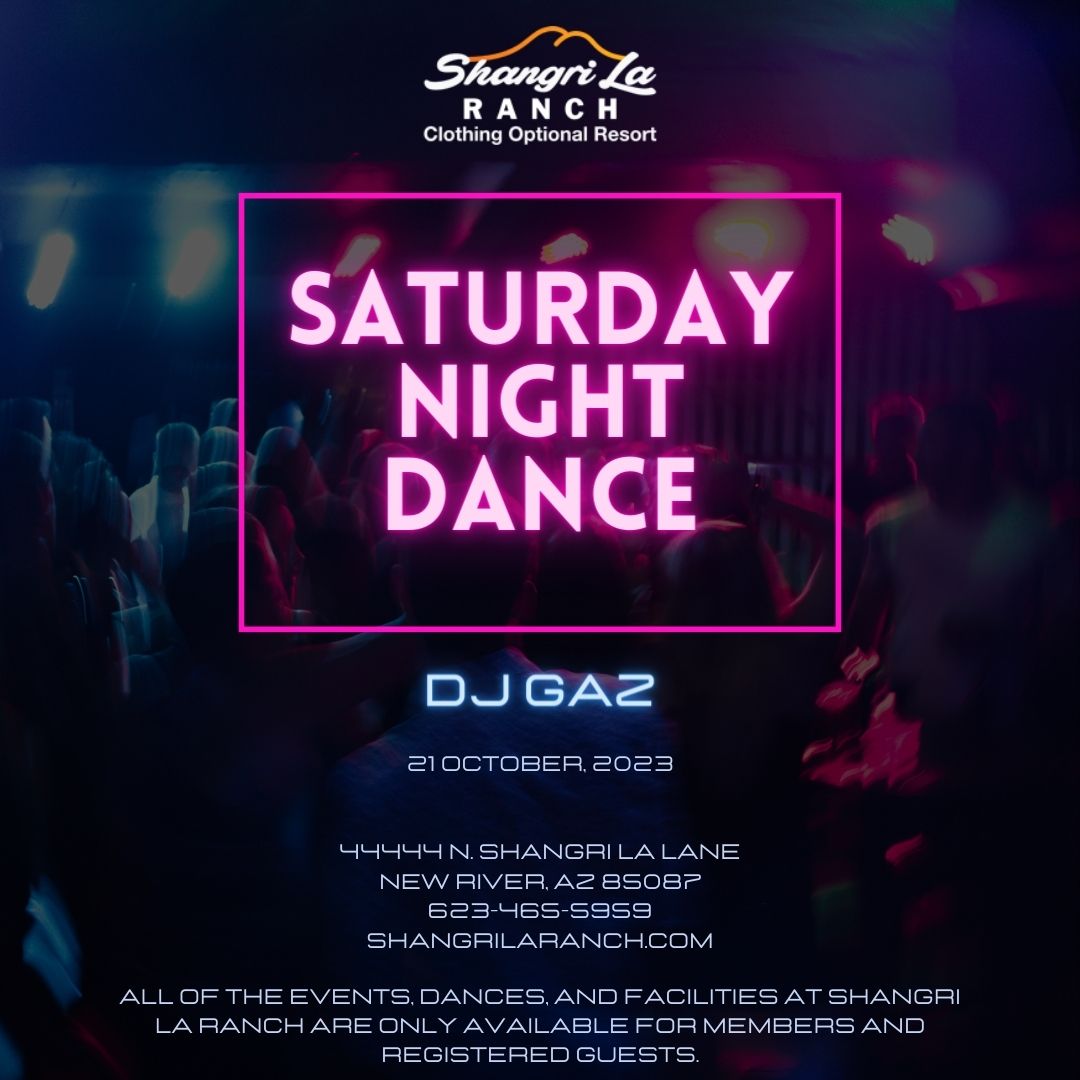 🌟 Time to put on your dancing shoes! Join us for our amazing Saturday night dance starting at 8 PM featuring the talented DJ Gaz at Shangri La Ranch 🎵👣 Available only for our members and registered guests! Join us now: shangrilaranch.com #WeekendVibes #DanceNight