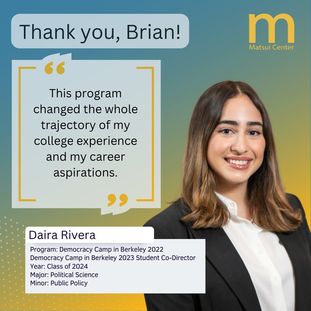 Thank you Brian! Your donation supports students like Daira, a first-generation senior passionate about transforming communities through educational equity. 

@berkeleyigs and the @matsuicenter are appreciative of your dedication to uplifting our next generation of leaders.