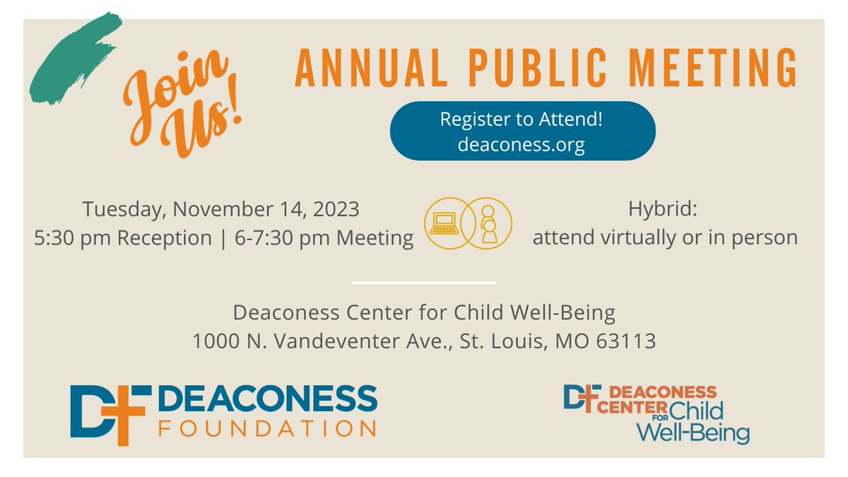 deaconessfound's tweet image. Have you registered for our Annual Public Meeting? Join us on Tuesday, November 14 to be in community and hear from Deaconess Foundation CEO &amp;amp; President Bethany Johnson-Javois and board chairs. Register by using the link in our bio or visiting deaconess.org. #stl #estl
