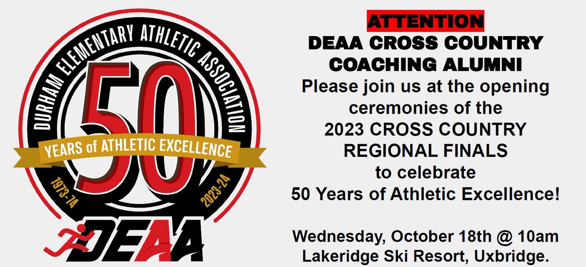 DEAA (@deaa_sports) on Twitter photo EXCITING NEWS!! The Durham Elementary Athletic Association is celebrating 50 Years of Athletic Excellence!
Calling DEAA CROSS COUNTRY COACHING ALUMNI to the start line!! Details in the flyer below. Please RSVP using the linked form. <a href="/DDSBSchools/">Durham District School Board (DDSB)</a>
docs.google.com/forms/d/e/1FAI… EXCITING NEWS!! The Durham Elementary Athletic Association is celebrating 50 Years of Athletic Excellence!
Calling DEAA CROSS COUNTRY COACHING ALUMNI to the start line!! Details in the flyer below. Please RSVP using the linked form. <a href="/DDSBSchools/">Durham District School Board (DDSB)</a>
docs.google.com/forms/d/e/1FAI…