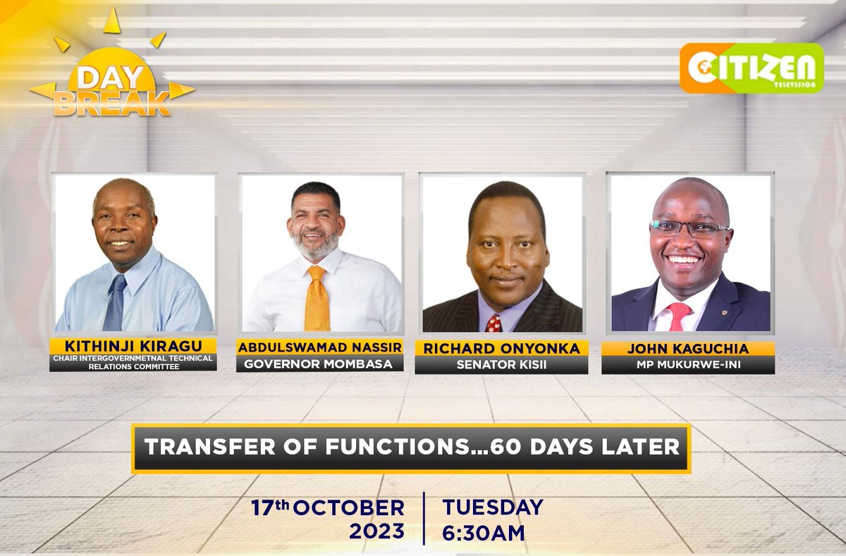 To transfer all devolved functions to devolved governments in 60 days was President Ruto's plan in August. Is the plan still on course and are counties ready? Join the discussion on #DayBreak Tuesday at 6.30am with @AyubAbdikadir
