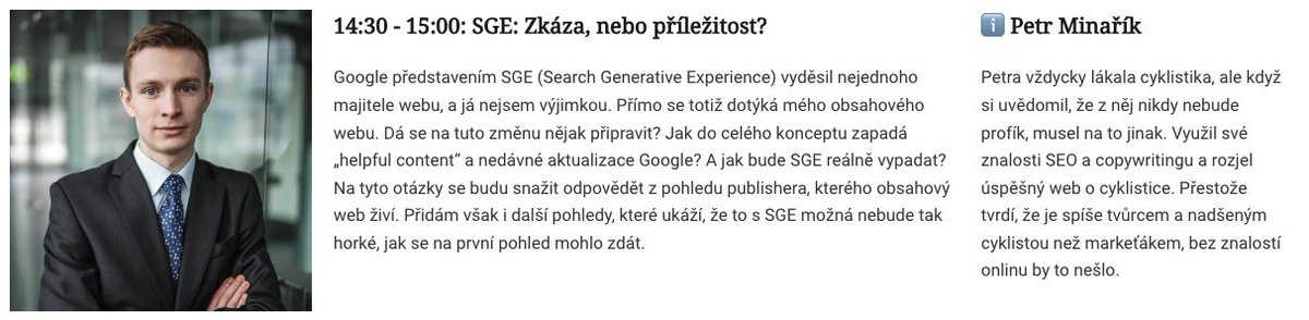 Search Generative Experience bude nejspíš již brzy budoucnost SEO je to hrozba?

<a href="/PetanMinarik/">Petr Minařík</a> stojící za webem cyclistshub.com nám řekne jak se připravuje &amp; je to vůbec možné? A co helpful content? To vše z pohledu publishera! 💛

Vidíme se?
marketingova-plzen.cz/konference-2023
