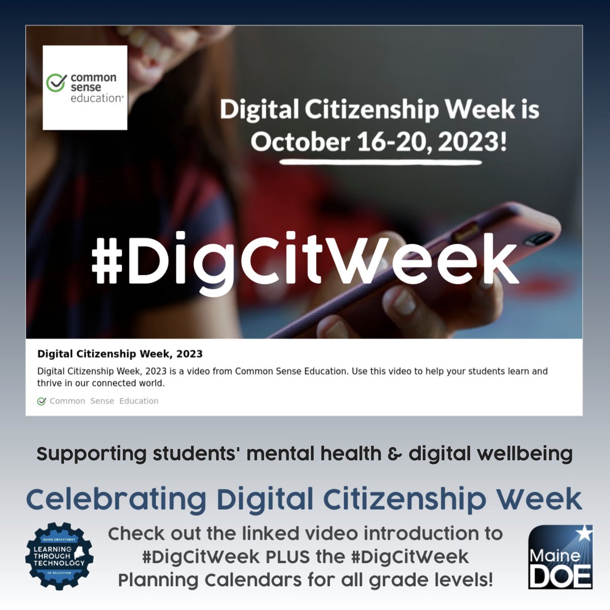 Join us all this week as we celebrate Digital Citizenship Week with @MaineDOELTT and @CommonSenseEd! Need help with ideas and planning? Check out: commonsense.org/education/digi… #TeachWithTech #TeachMaine