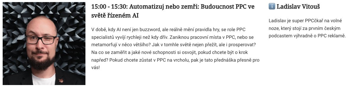 .<a href="/ppctypek/">Ladislav Vitouš</a> nám již 25.10. zodpoví otázku jestli zaniknou pracovní místa v PPC nebo se metamorfují v něco většího. Dá se v tomto světě vůbec přežít?!

To a mnohem víc se dozvíš v příštím týdnu! 💛
marketingova-plzen.cz/konference-2023