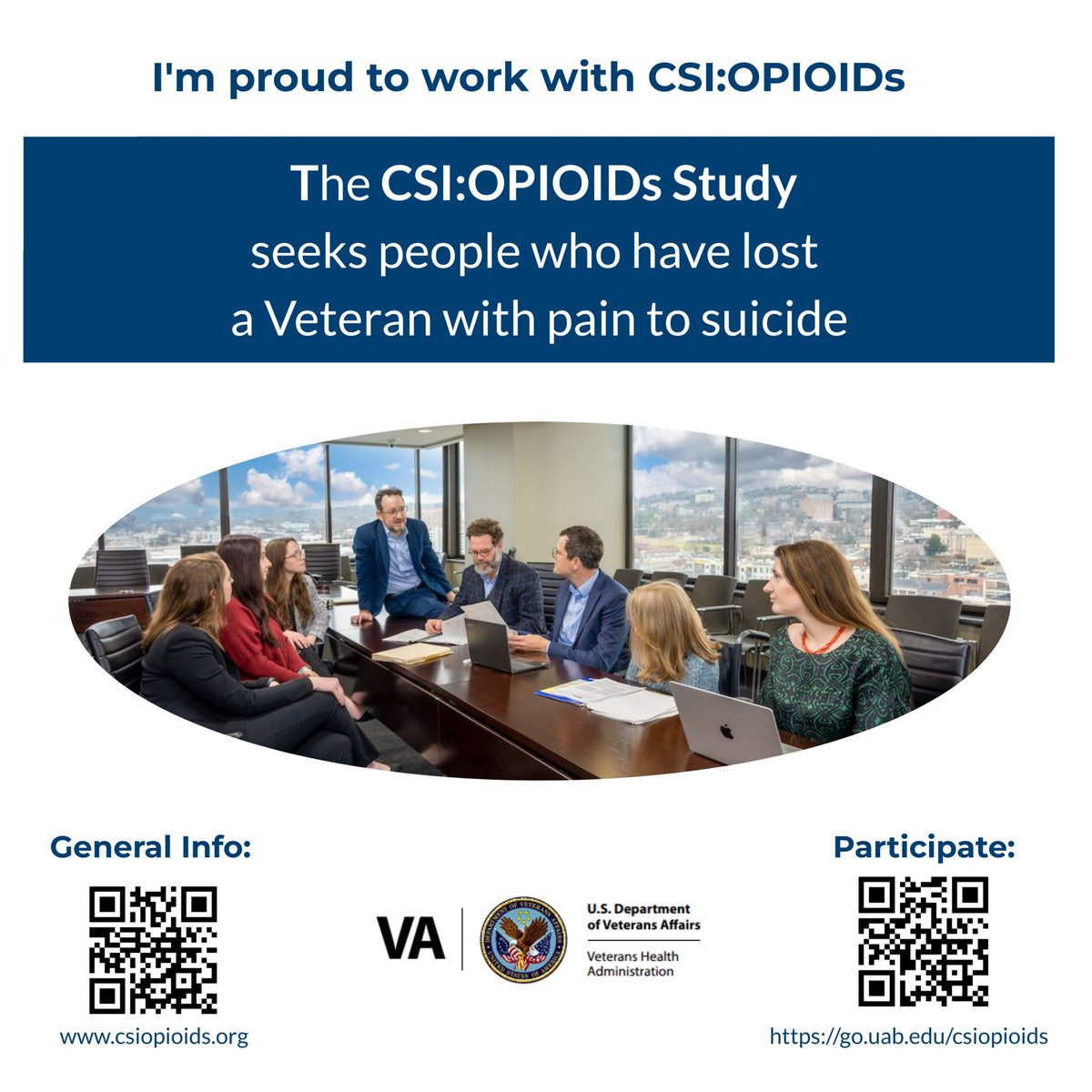 If you know family members or survivors of a Veteran lost by suicide after prescription opioid reduction or stoppage, 

let them know there is a formal research study. We are interviewing survivors to prevent these tragedies

Send them this image &amp; check CSIOPIOIDs.org