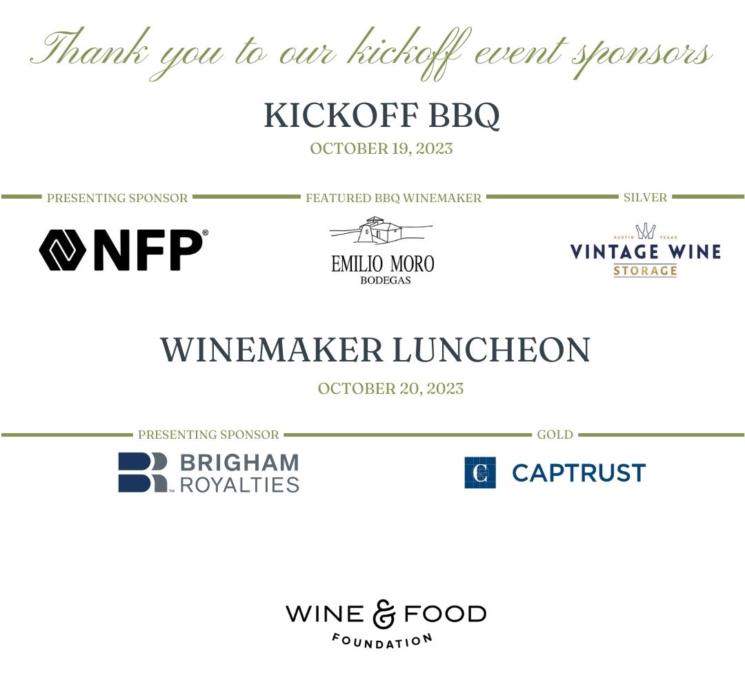 THANK YOU to our 2023 Rare & Fine Wine Auction Sponsors and our Kickoff Event Sponsors!

#winetime #winelover #wine #winetasting #winesofinstagram #wineandfood #sommelier #sommlife #austingala #givebackaustin #atxevents #atxfoodie #atxfoodandwine #winelover #communitypartners