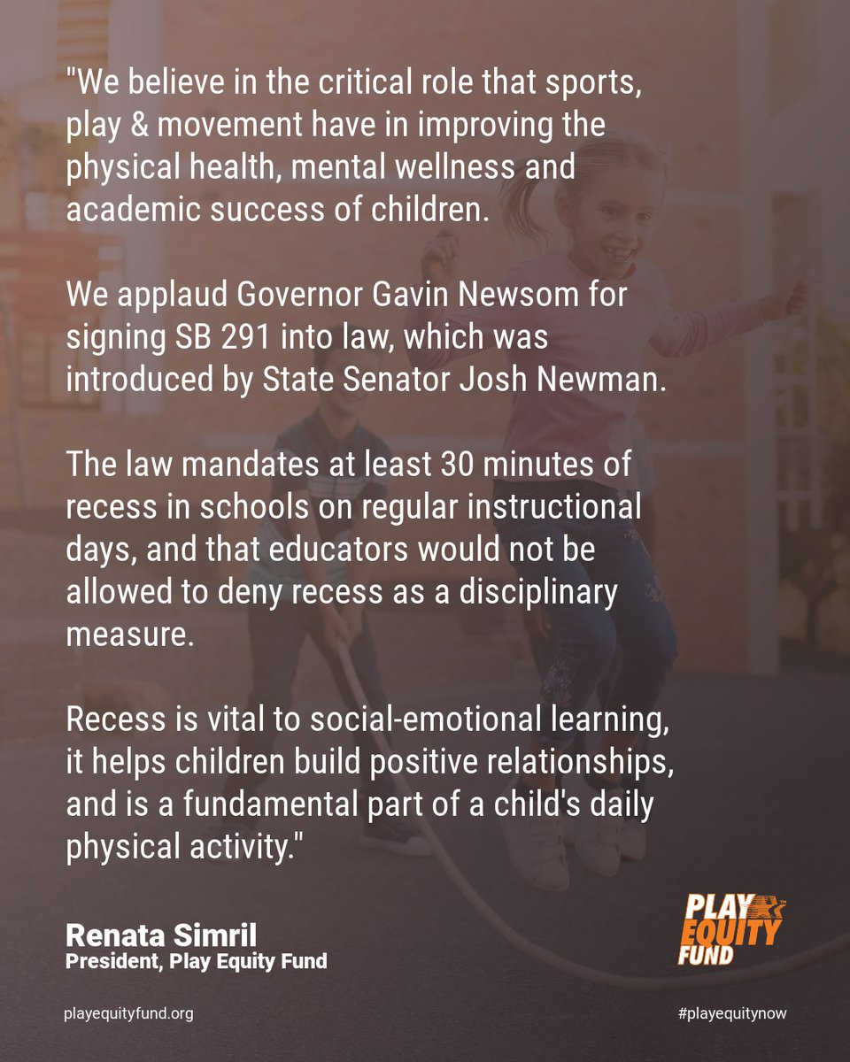 PlayEquityFund's tweet photo. We commend Senator @JoshNewmanCA for introducing SB291, the California State Legislature for passing it, and @CAgovernor for signing the daily recess bill into law. #PlayEquity https://t.co/pHVYE0nTgN