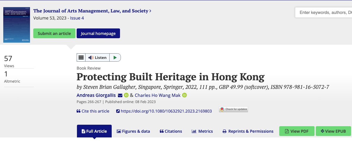 charleshwmak's tweet photo. 📢 Excited to share our book review on 'Protecting Built Heritage in Hong Kong' by Prof. @stevecuria! 📚 Published in The Journal of Arts Management, Law, and Society by Routledge. 🌟

🔗 Read here: https://t.co/7FASkoVuLg

#culturalheritage #HongKong #law 📜 https://t.co/KDBBywwG5Z