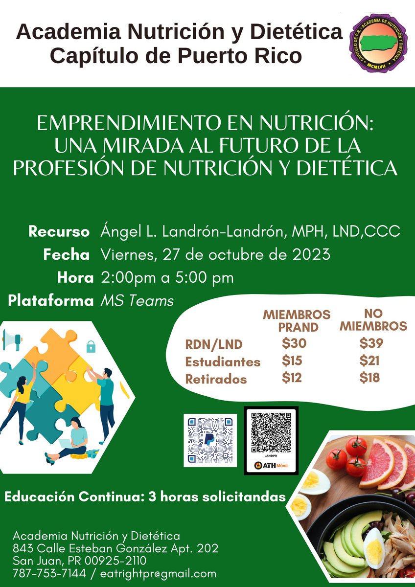 Para más información pueden llamar:
📞 787-753-7144
(L, M, V de 10 a.m.-2:00 p.m.)
email: eatrightpr@gmail.com
Puede ver todas nuestras actividades en el siguiente enlace: eatrightpr.org/actividades
 
#yosoyandpr #dietitian #nutritionist #puertorico🇵🇷