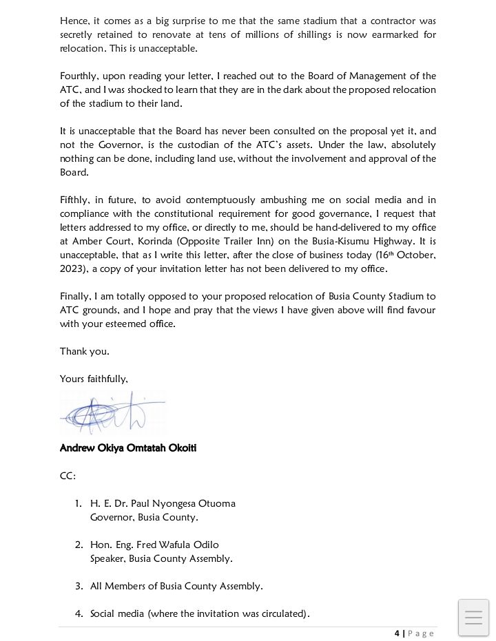Busia Senator Okiya Omutatah (<a href="/OkiyaOmtatah/">Okiya Omtatah Okoiti</a>)  has objected the  proposed relocation of Busia County Stadium to Busia Agricultural Training Centre (ATC) Grounds. 

Sen faulted the county gvt for not giving public participation, the serious attention it deserves.