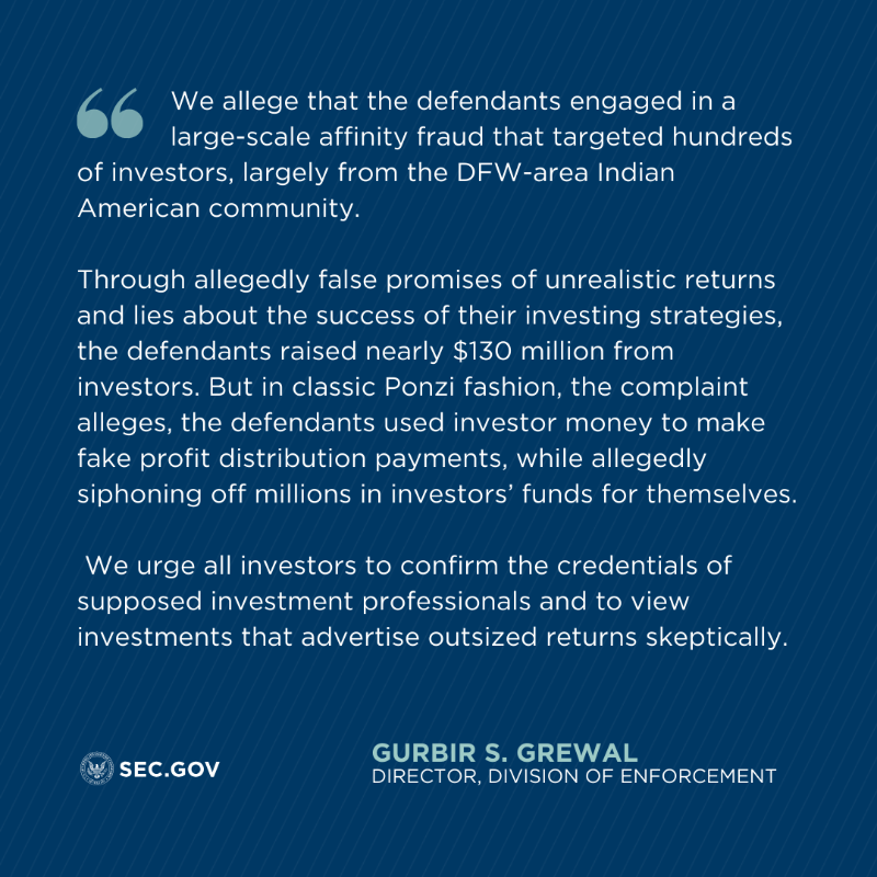 SECGov's tweet photo. Today we announced that we obtained a temporary restraining order, asset freeze, and other emergency relief to halt an ongoing fraud targeting the Indian American community that has raised nearly $130 million since April 2021. 

For more: