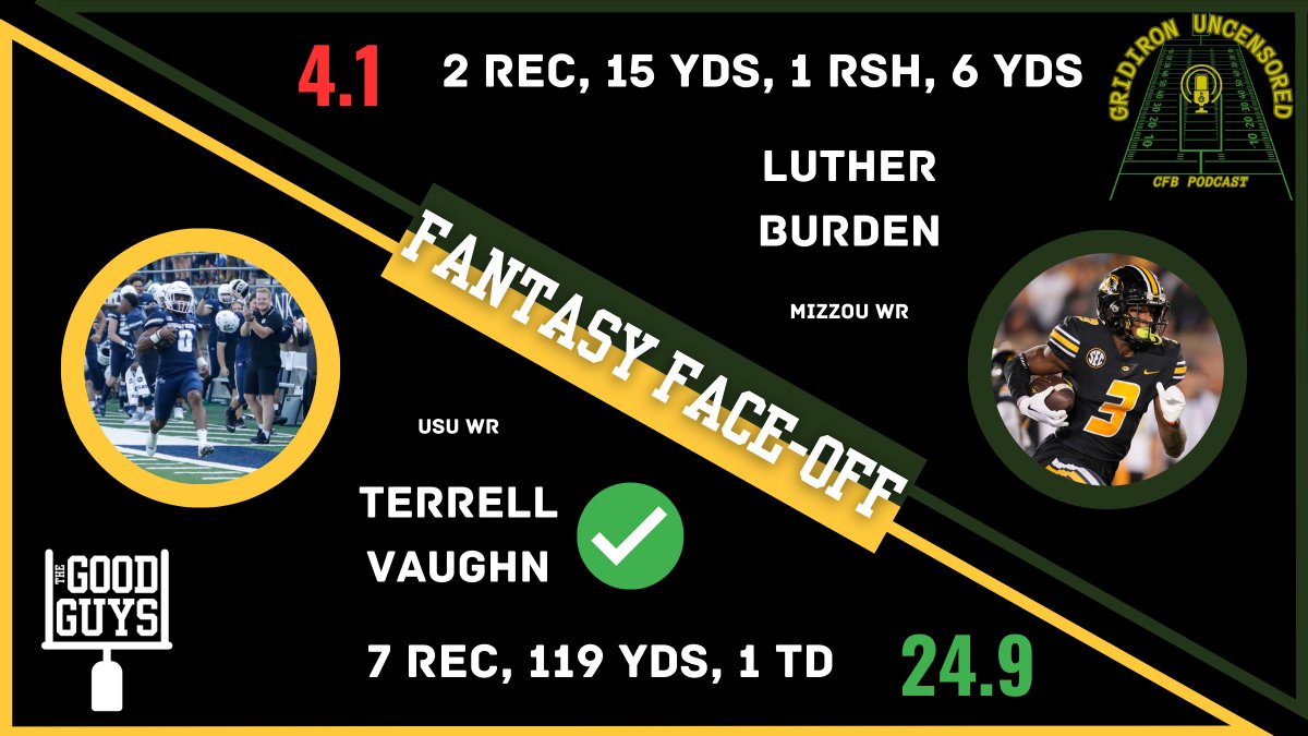 TheGoodGuysCFB's tweet photo. Our first #FANTASYFACEOFF came to a close, & we have so many questions about Luther Burden's usage. But, Missouri surely doesn't care, as they dominated Kentucky anyway.
We took the first matchup, thanks to @Terrell_Vaughn6.
@KicknitWTheGrid will bounce back next week! https://t.co/nufadA5SKA