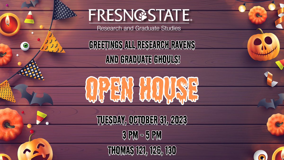 Save the date and mark your calendars! Be sure to come by the Thomas building for the DRGS Graduate Ghouls and Research Ravens Halloween Open House between 3 pm &amp; 5 pm! Meet our friendly faces and collect some cool candy!