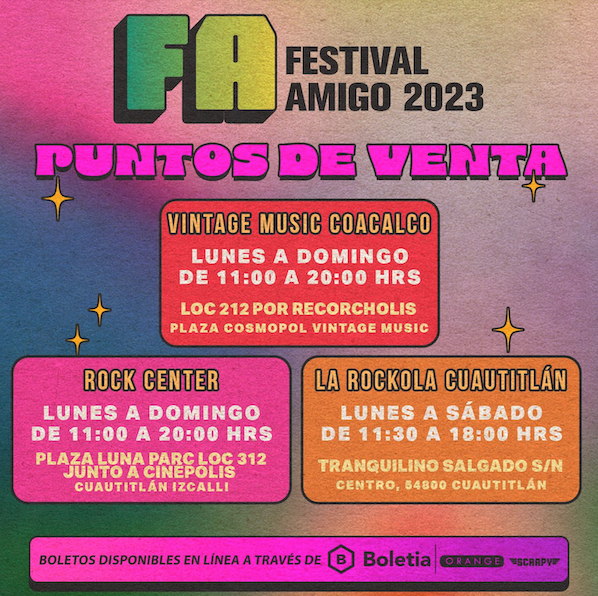 FunkerosMx's tweet photo. @austin_tv son la banda sorpresa de la edición de este año del #FestivalAmigo 🔥
🎟️Aún puedes comprar tus boletos en línea a través de @boletia
O si prefieren en punto físico pueden adquiridos en:
🎫 Vintage Music Coacalco
🎫 La Rockola Cuautitlan
🎫 Rock Center
#FA23 https://t.co/3p2MJ7auFO