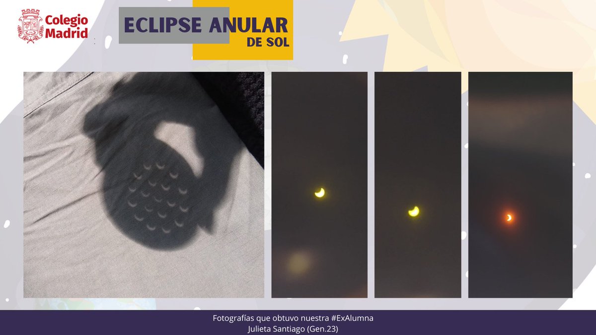 ColegioMadridMX's tweet photo. Fotografías obtenidas del eclipse el fin de semana, por el Club de Ciencias de nuestro bachillerato y de nuestra #ExAlumna Julieta (Gen. 23).
.
#Eclipse2023 #EclipseAnular2023
#MadridBien #ColegioMadridMX https://t.co/ufj1D30QWX