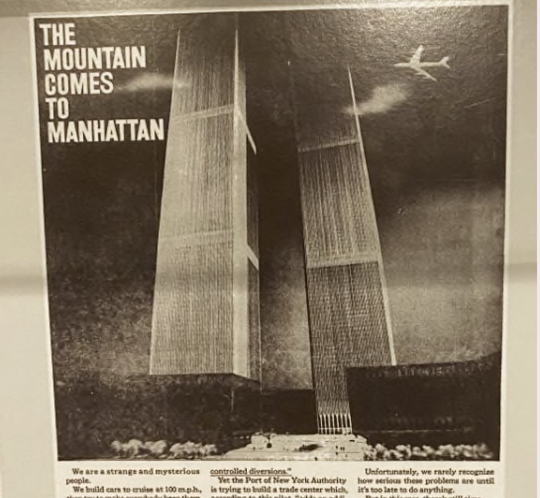 darkjournalist's tweet photo. Actual Ad run in May 1968 in the New York Times Strangely Predicts 9/11 ostensibly opposing the construction of the World Trade Center with the text "We are a strange and mysterious people." https://t.co/KpV9l6m6W0