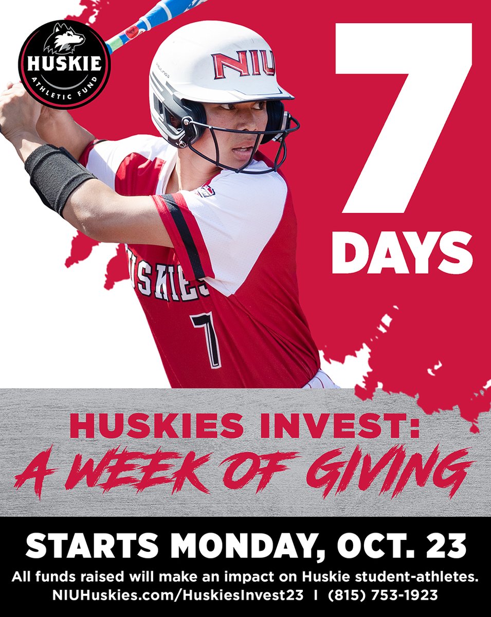 The countdown is on - we are 7 days out from this year's Huskies Invest: A Week of Giving campaign! Visit NIUHuskies.com/HuskiesInvest23 to make your gift now and see the opportunities available to make an impact on Huskie student-athletes. #GoHuskies 🤘