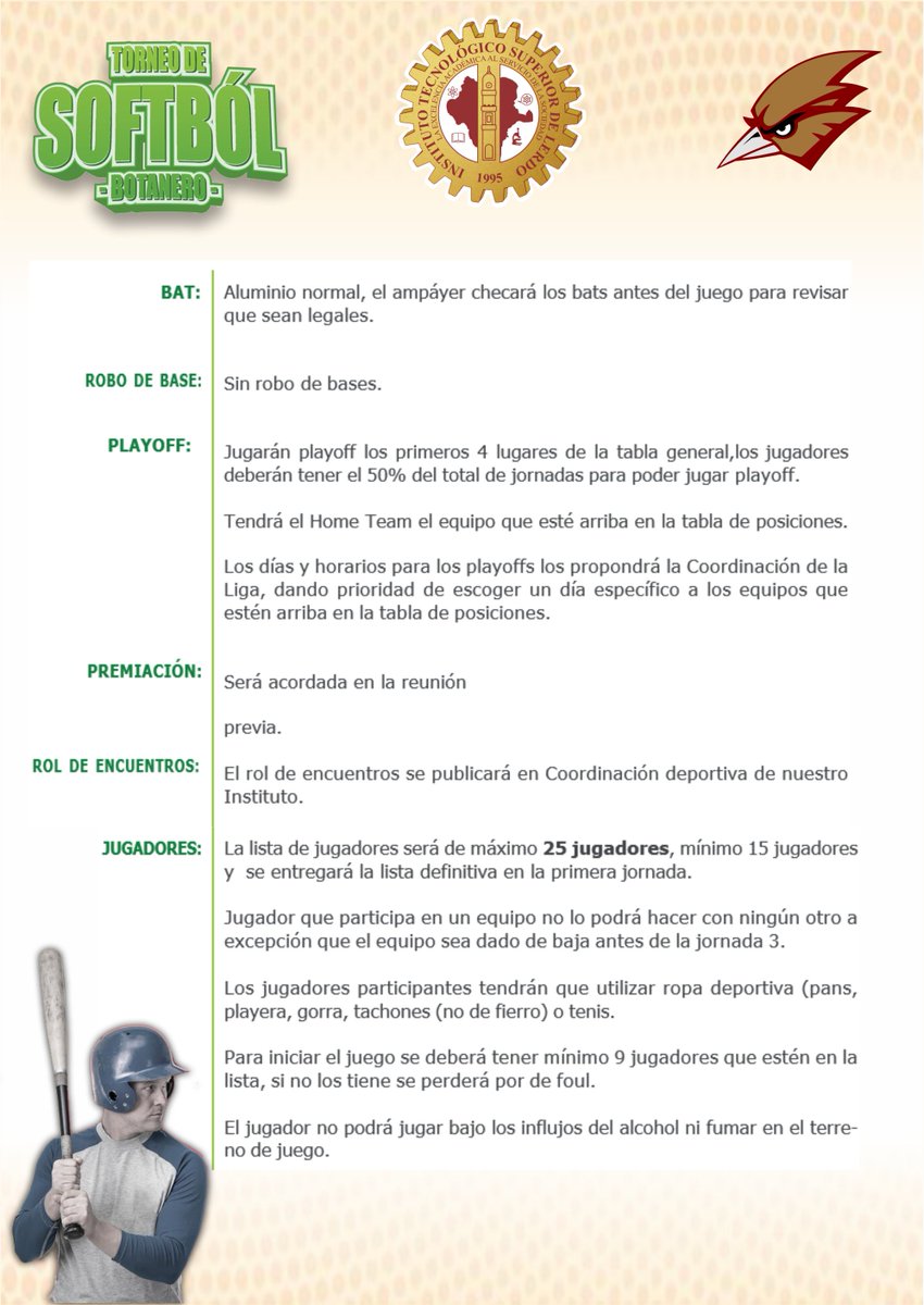 ITSLerdo's tweet photo. 🥎Torneo de SOFTBÓL BOTANERO 🥎
¡PARTICIPA!
Convocatoria dirigida a nuestra comunidad estudiantil Tec Lerdo.
#YoSoyTecLerdo https://t.co/K98bD8hBhm