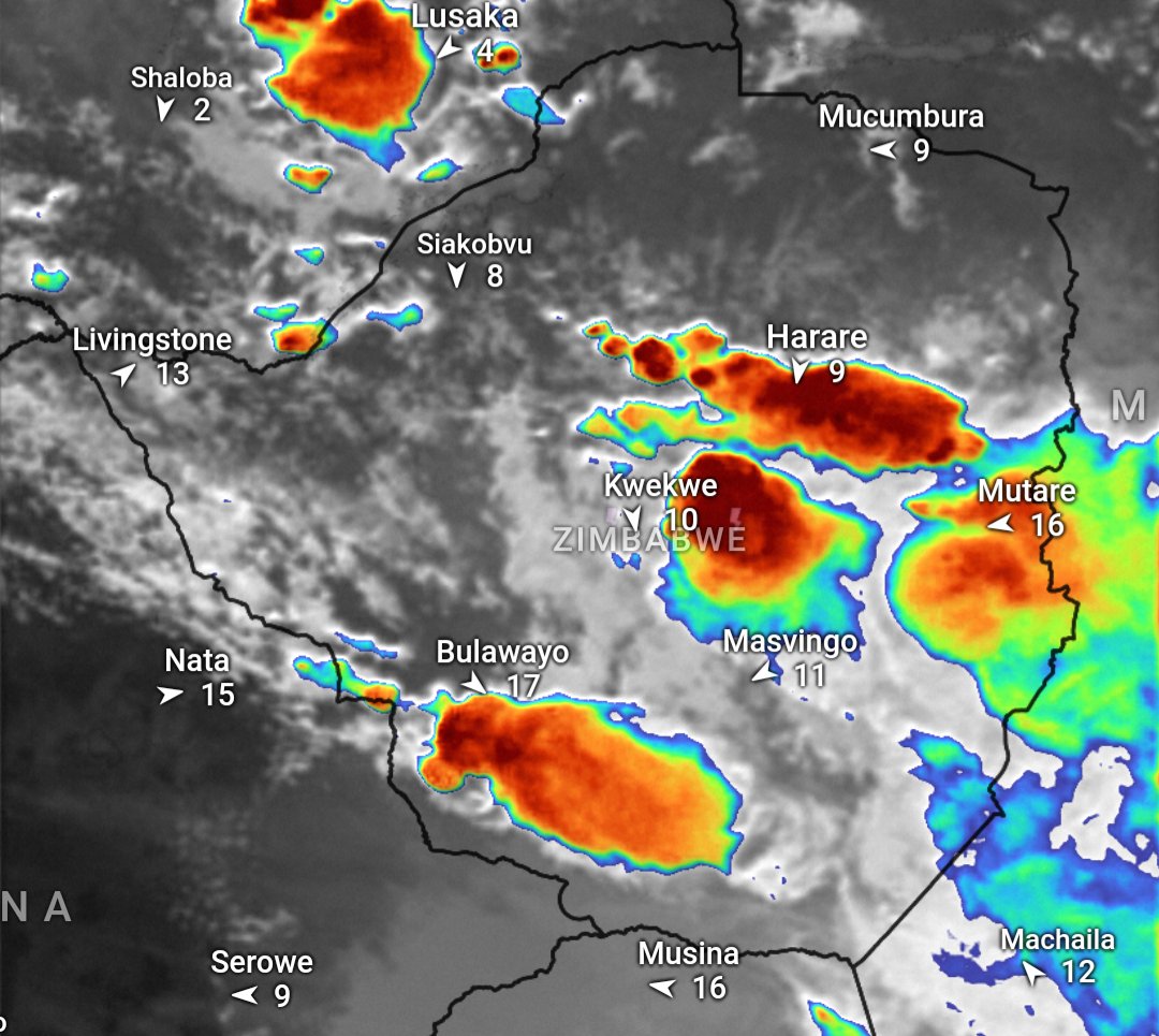 ZIM_CAST's tweet photo. Infrared satellite imagery from Monday afternoon to Monday night (9pm). Thundershowers still continuing in parts of Zimbabwe. Damaging hail reported in Christon Bank and Norton. 🌧 ⛈ 🇿🇼 https://t.co/ckqWw15fdb