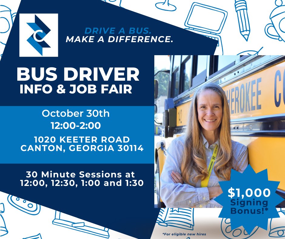 Learn more Oct. 30 about joining CCSD as a bus driver! We offer paid training, $1,000 signing bonus, outstanding work calendar and great benefits that start immediately. Questions? Please contact CCSD Recruiter Lindsay.Bowley@cherokeek12.netand 770.704.4256. #CCSDfam