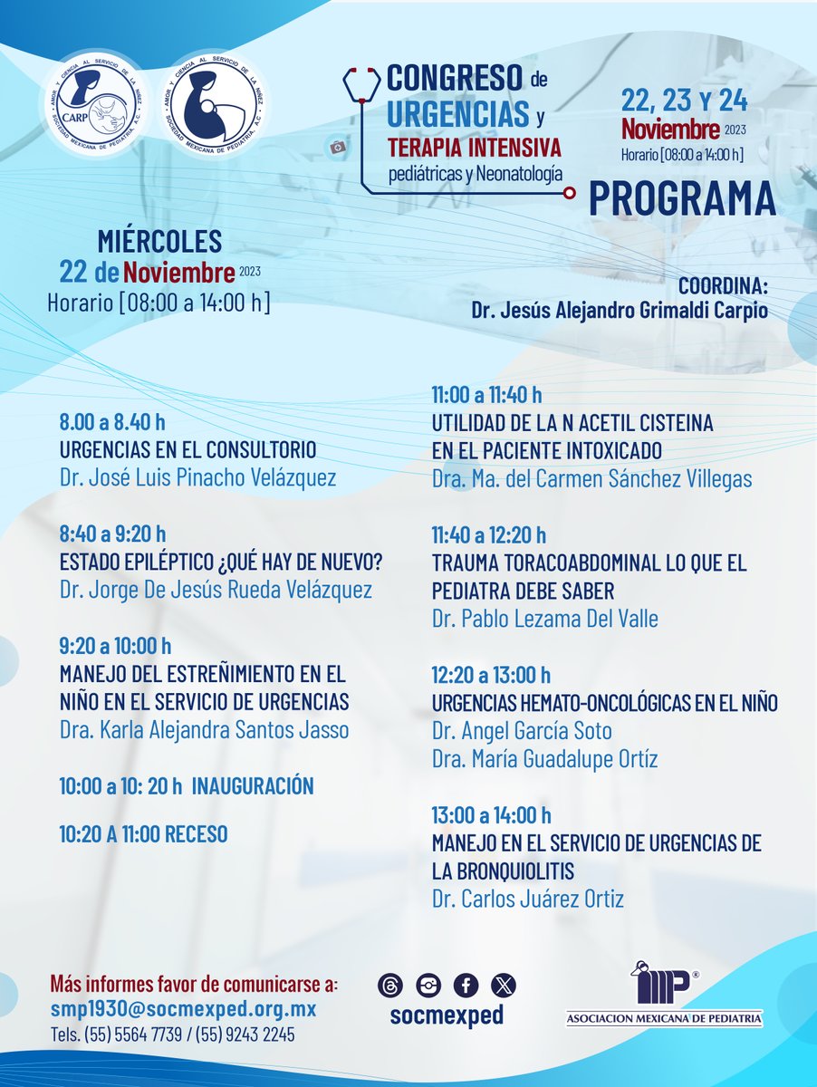 SocMexPed's tweet photo. Te invitamos a consultar el programa del Congreso de urgencias y terapia intensiva pediátricas y Neonatología. 
Evento híbrido. Profesores Titulares: Dr. José Luis Pinacho Velázquez / Dr. Manuel Ángel Correa Flores
🟡Inscripción en: https://t.co/FY5Fiw8PBY
#congresossmp https://t.co/42g7xyIkeS
